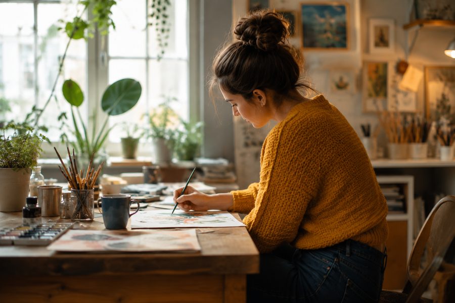 Artist painting at her studio desk surrounded by plants and artwork