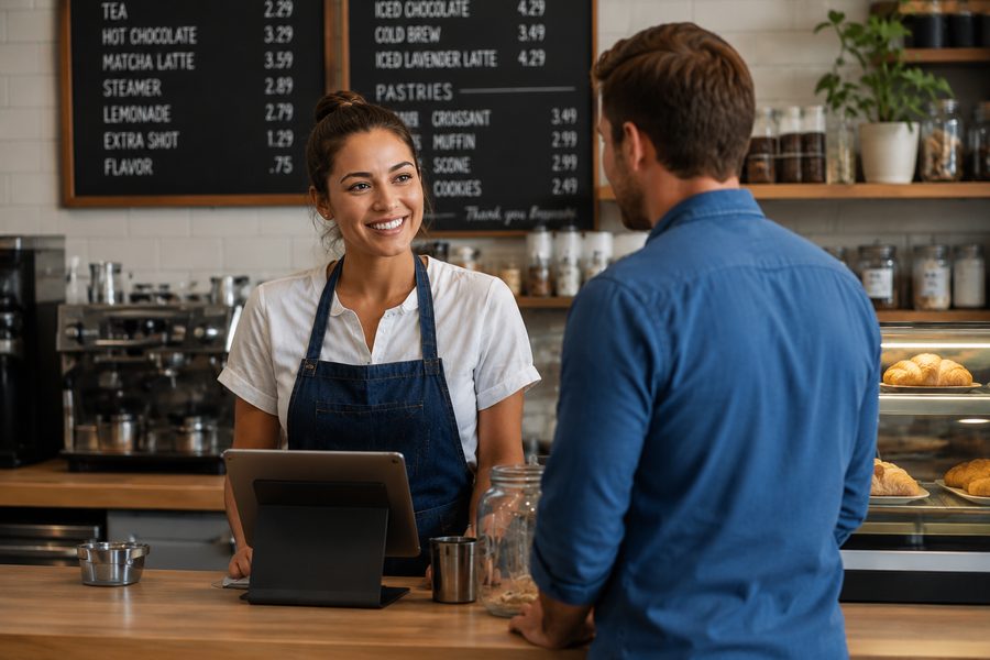 Small business owner serving a customer at her coffee shop counter