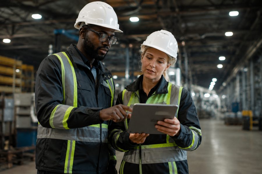 Two factory workers in hard hats reviewing data on a tablet
