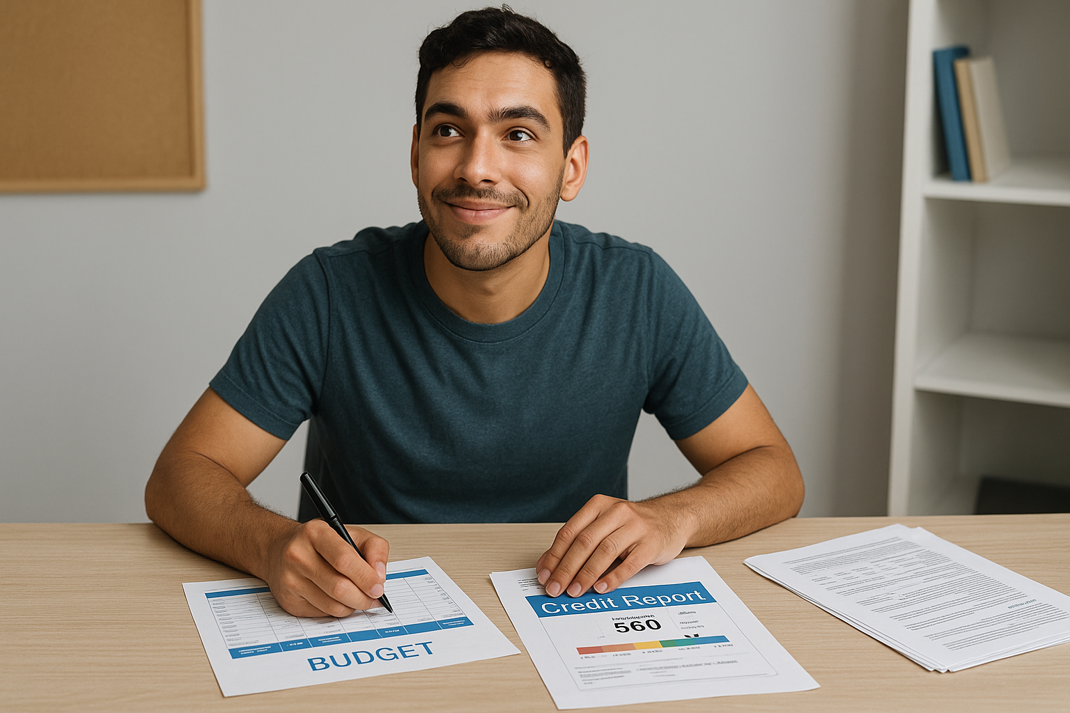Young adult working on a budget and credit reports at a desk, looking hopeful and determined.
